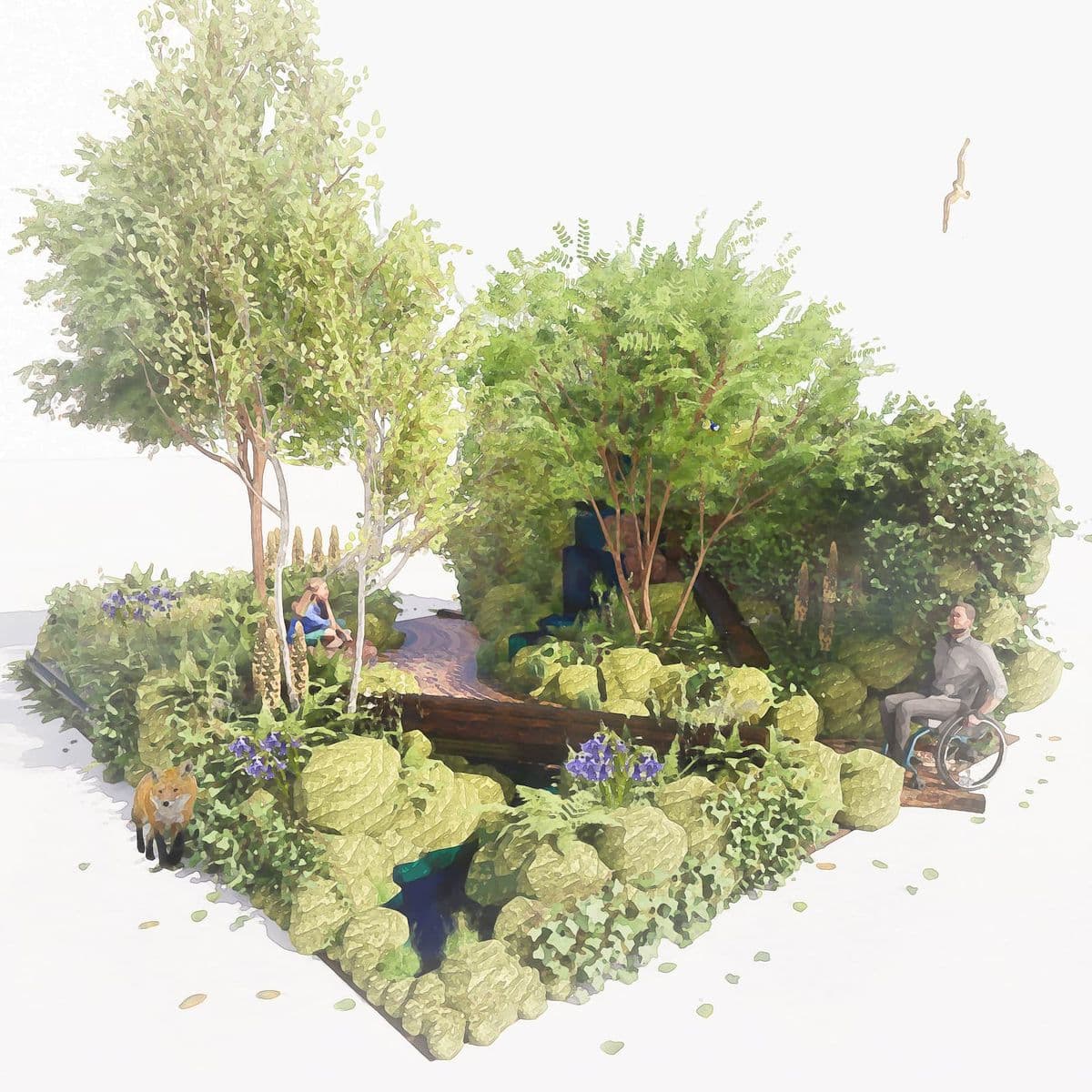 A CGI of a garden complete with wooden walkway, trees, purple flowers, a fox and a person in a wheelchair